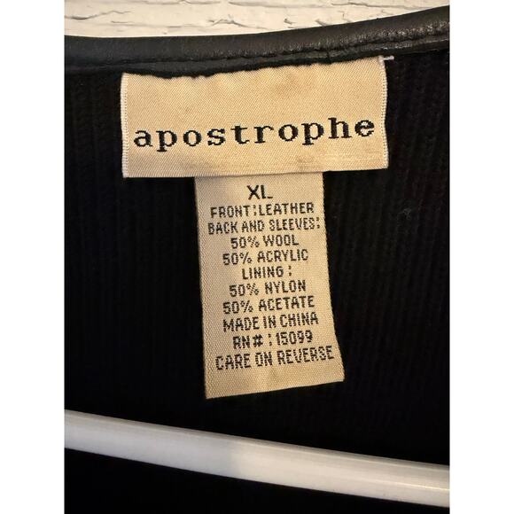 Apostrophe Black Leather Front Knit Sleeve Jacket XL Zip Up Moto Chic - Picture 4 of 8